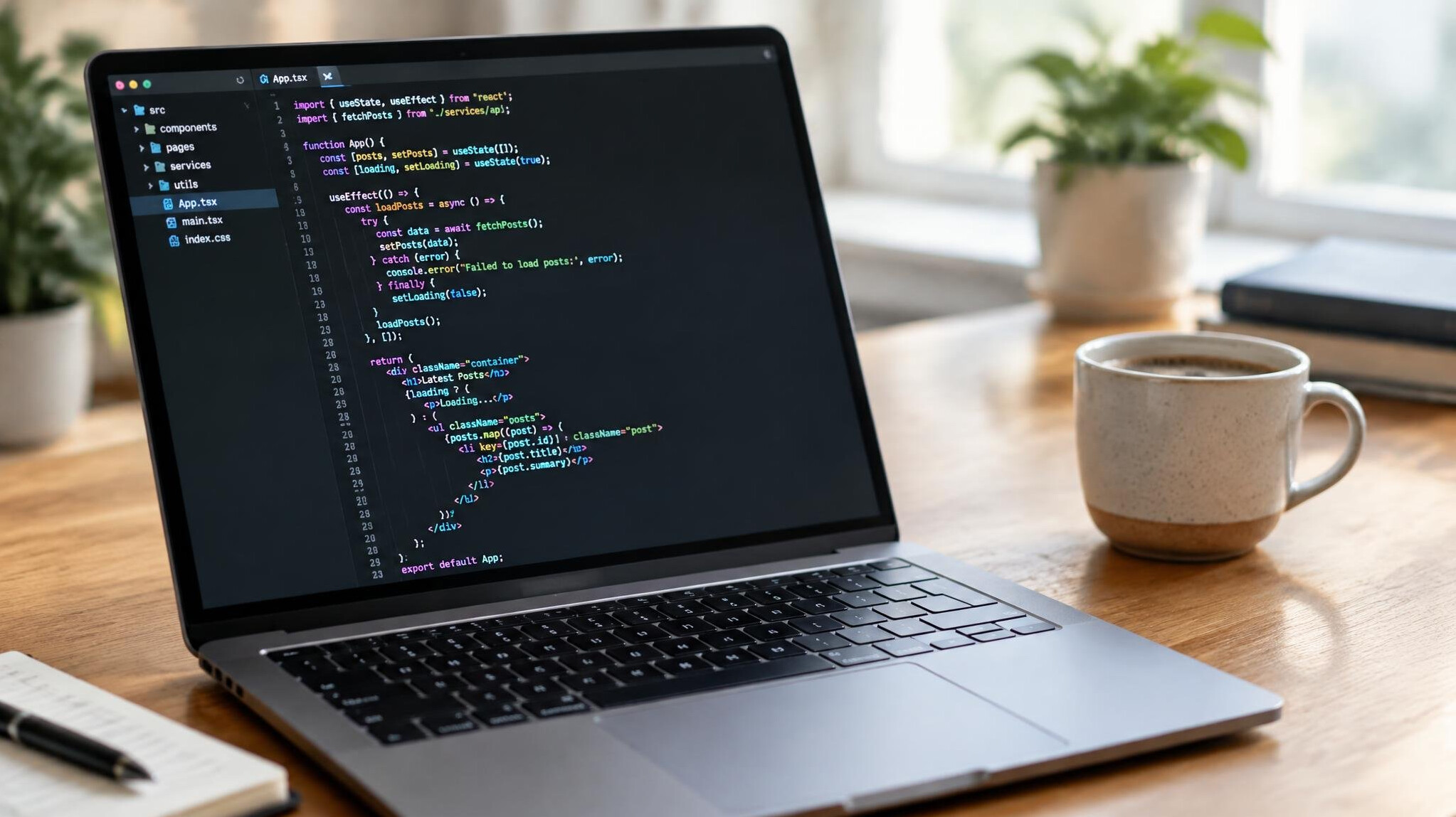 Laptop with code on screen on a wooden desk