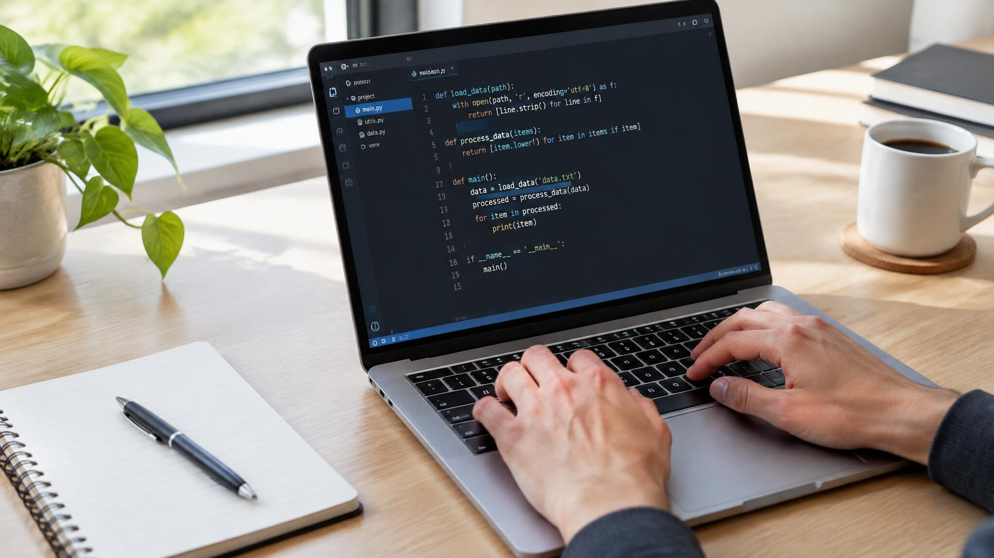 Hands typing on a laptop with code on a desk