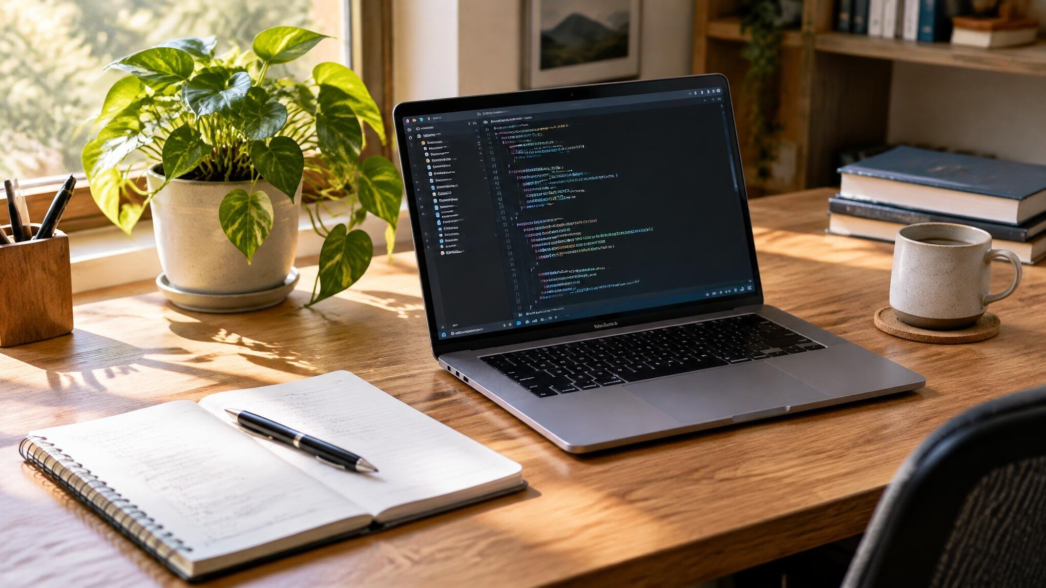 Laptop with code and a notebook on a desk